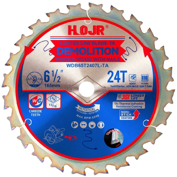HOJR 6-1/2" 24 Tooth Circular Saw Blade, 5/8" Arbor,Demolition/Framing Circular Saw Blade, Anti-Stick Coating-TA Tip, Compatible with Diablo Milwaukee,6-1/2" 24T 5/8"