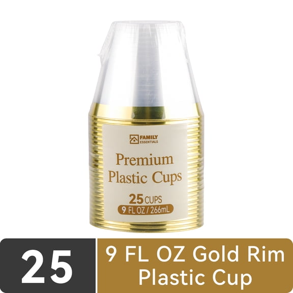 Family Essentials 9oz Clear Plastic Cups with Gold Rim, 25 Count Elegant Disposable Party Cups, BPA-Free Drinkware for Weddings, Events & Celebrations