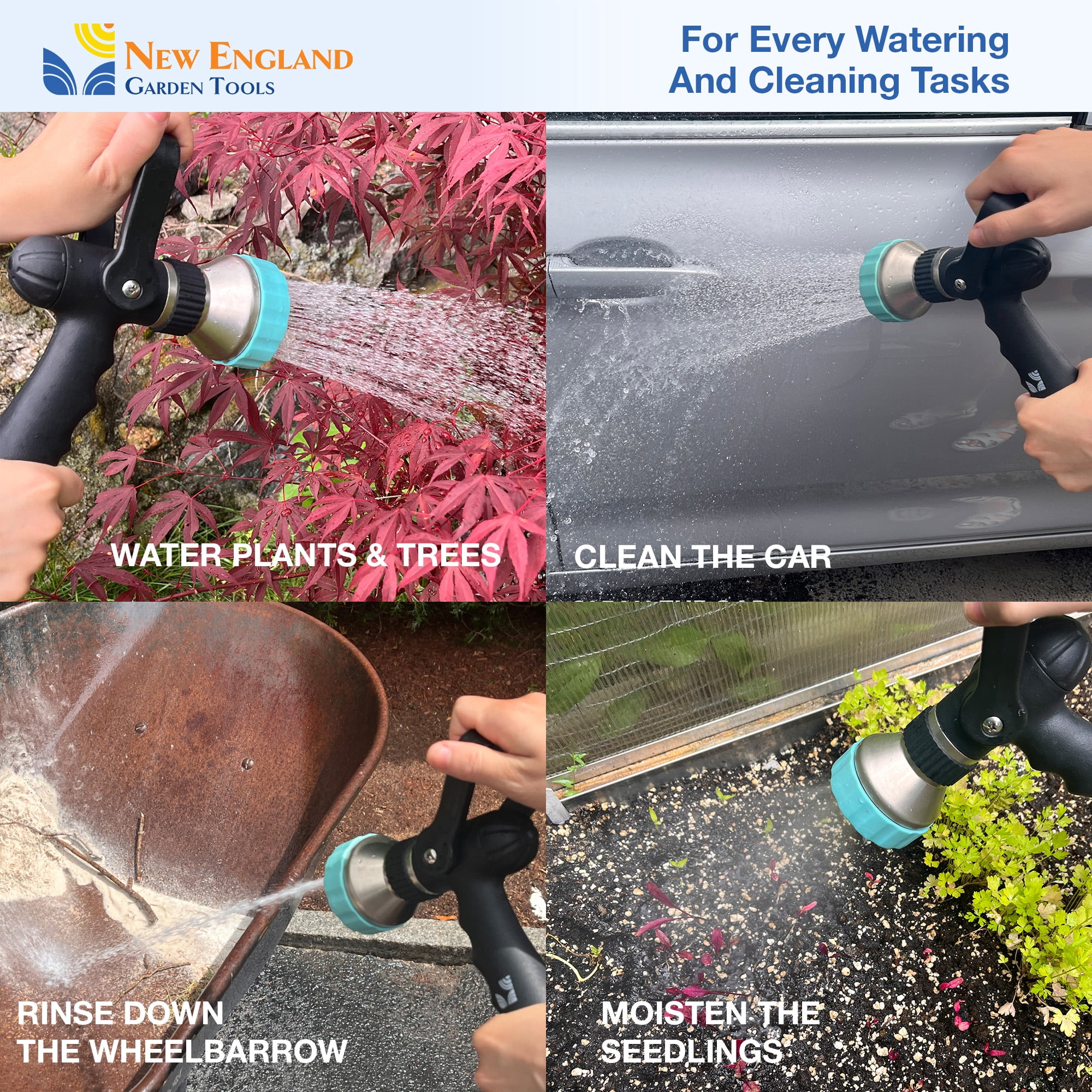 Heavy Duty Metal 10 Pattern Fireman’s Hose Nozzle 500003 with Lever Control and Comfort Grip by New England Garden Tools for Cleaning, Watering Plants & Yards, Washing Cars & Livestock