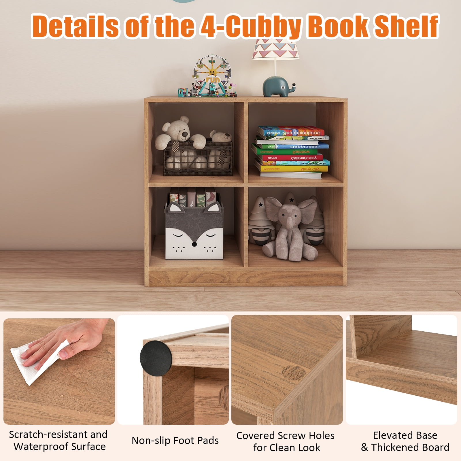 Giantex 4-Cube Bookcase, Freestanding Open Bookshelf, Storage Wooden Display Shelf, Natural