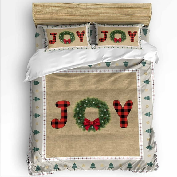 Joy Christmas Garland King Size Comforter Set, Xmas Tree Vintage Linen Winter Soft Bedding for All Seasons, 4 Pcs Bed Set with 1Comforter (90"x106") ,1 Sheet(94"x116"), 2 Pillowcases (19"x35")