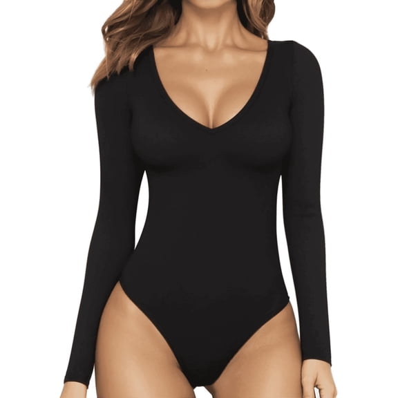 SOMER Body Suit Tummy Control Deep V Neck Long Sleeve Tops Black Bodysuit for Women Clothing