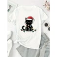 thumbnail image 2 of T-Shirt Décontracté de Noël pour Femmes avec Imprimé Chat, Col Rond en Polyester, Graphique Festif, Tissu Tricoté Extensible Moyen, pour Toutes Saisons, Confortable, Fête des Pères, Fête des Mères, Nouvel An, Printemps, 2 of 7