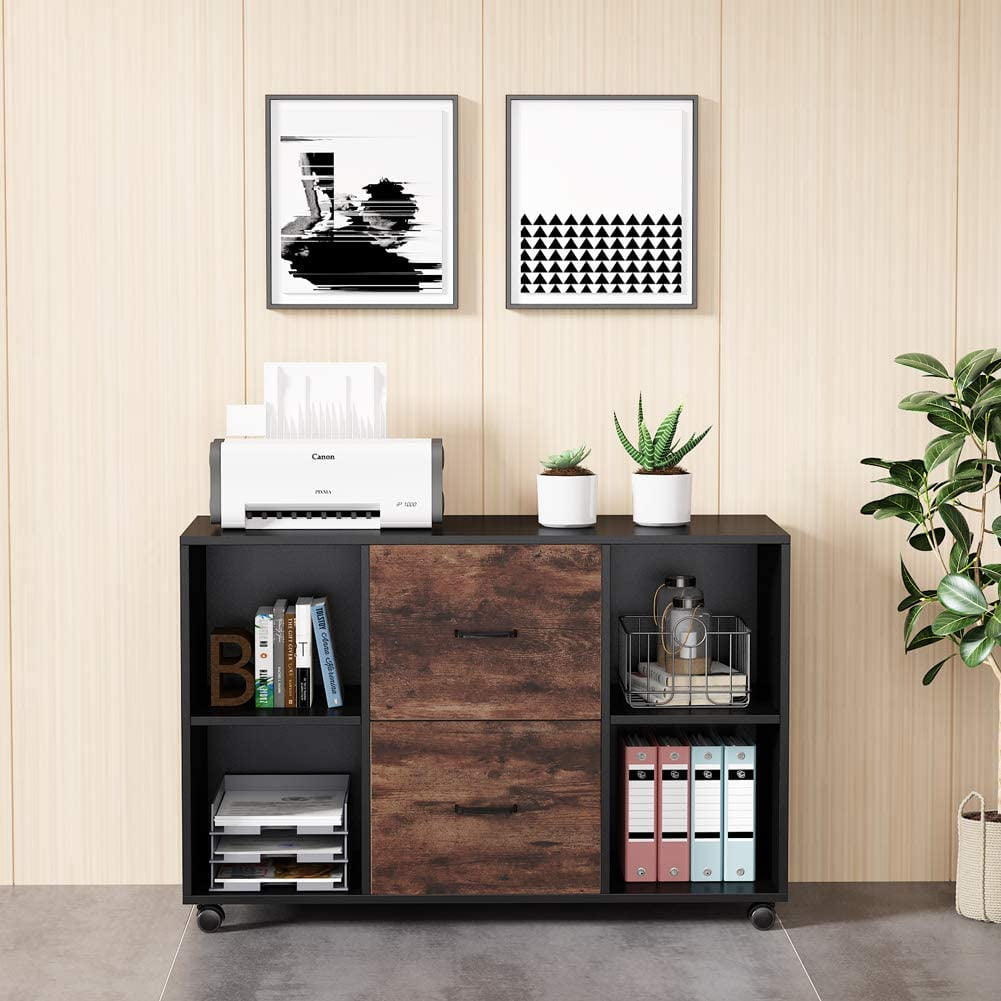 Wooden 2-Drawer File Cabinet Mobile Lateral Filing Cabinet w/ 2 Tier Open Shelf 