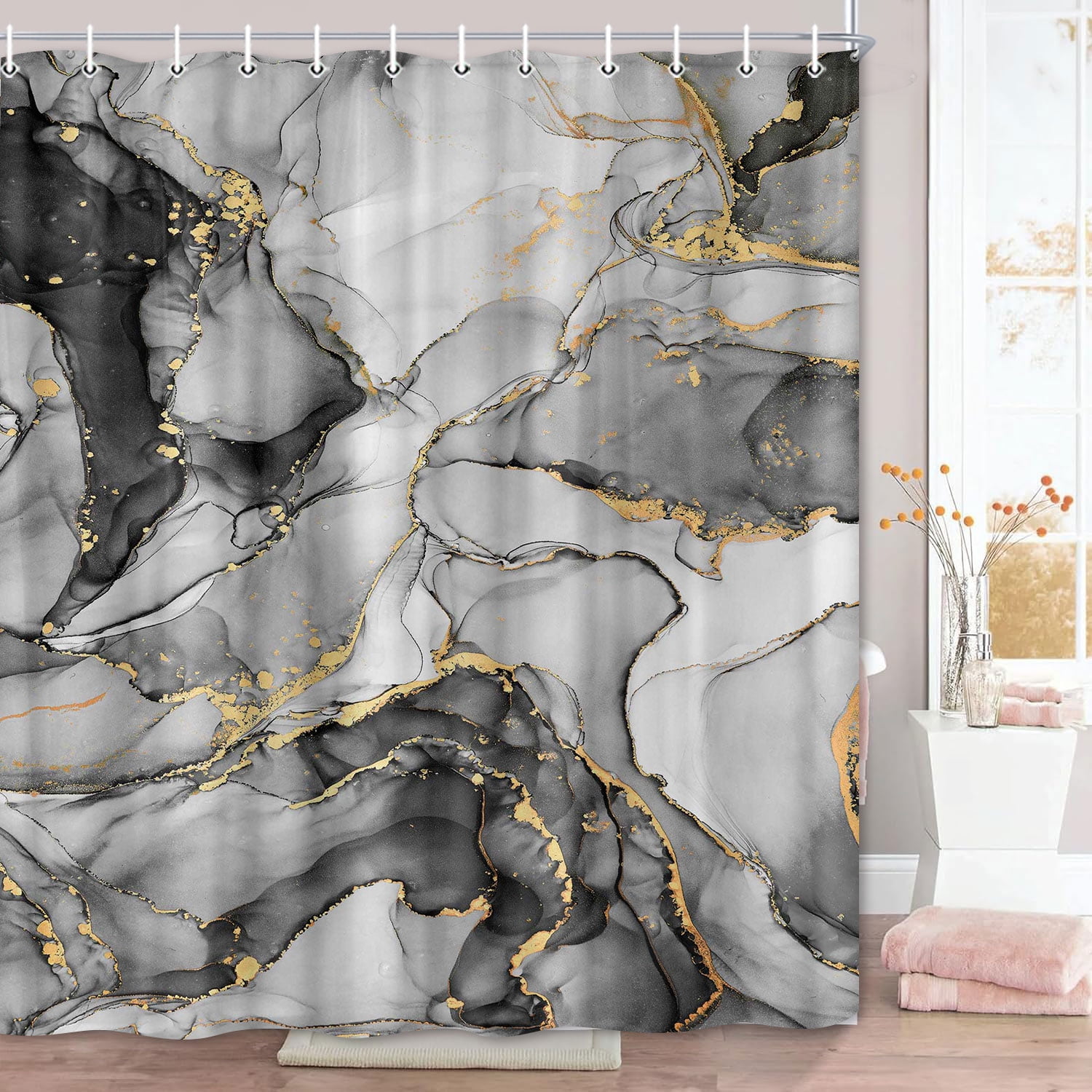 Gray Marble Bathroom Shower Curtain Set with Hooks 72X84in