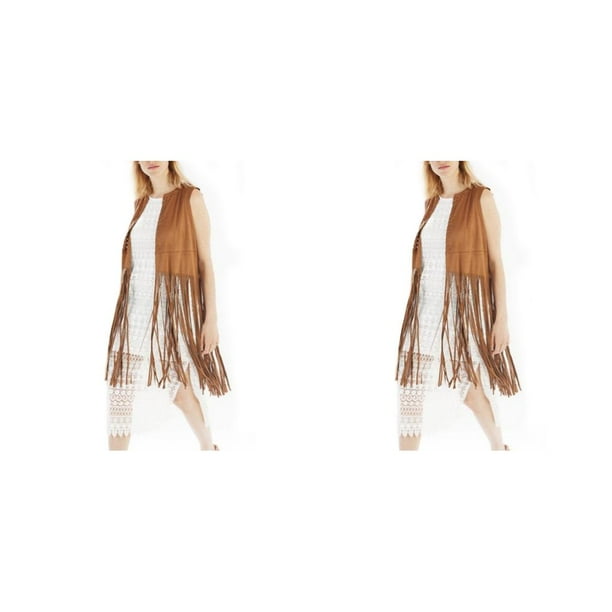 Sonducket Chalecos sin mangas con flecos transpirables de estilo occidental para mujer, chaleco cárdigan de retracción de cintura con diseño camello L 2piezas