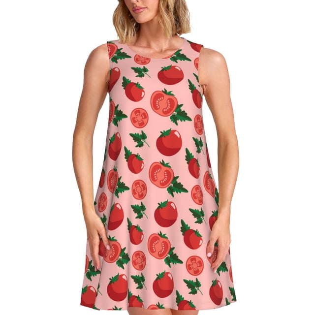 Easygdp Tomatoes para Vestido Transpirable de Mujer, Vestido Suelto de Manga Corta con Pliegues y Bolsillos para el Verano