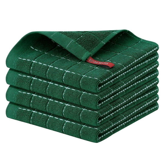 Cotton Terry Kitchen Towels(12*12inches), Checkered Designed, Soft and Super Absorbent Dish Towels, 4 Pack - Dark green