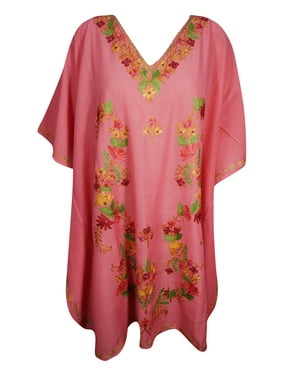 Mogul Women Short Caftan Dress Floral Embroidered Kimono Sleeves V-Neckline Boho Fashion Kaftan Tunic 3X