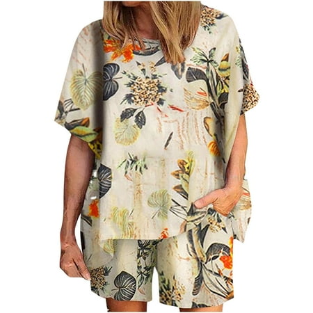 

Zkozptok Shorts for Women Plus Size Shorts Slub Cotton Casual Summer Round Neck Printed Short Sleeve Tops And Shorts Two Pieces Set Suit Khaki XL