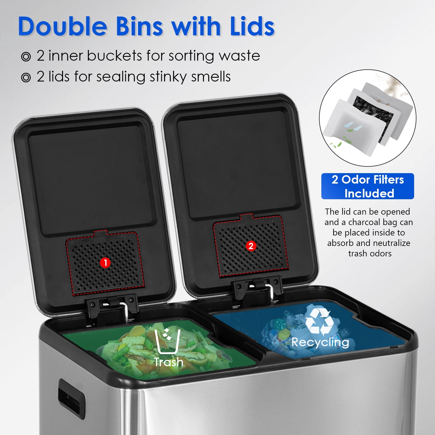 Kitchen Trash Can, 16 Gallon Garbage Can with Dual Inner Bins, Large Capacity 60 Liter Trash Can with Soft-Close Foot Pedal, Wide Stainless Steel Trash Bin, Rectangular Recycling Bin, Sliver