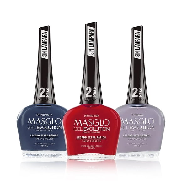 MASGLO Gel Evolution - Juego de 3 esmaltes de uñas No necesita lámpara UV/LED Secado rápido 12 días de uso Fórmula 14 libre Acabado de alto brillo vegano (0,5 oz cada uno)