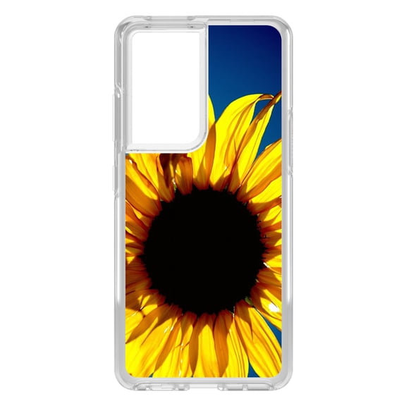 DistinctInk Clear Shockproof Hybrid Case for Galaxy S21 ULTRA 5G (6.8" Screen) - TPU Bumper, Acrylic Back, Tempered Glass Screen Protector - Blue Yellow Sunflower Sky