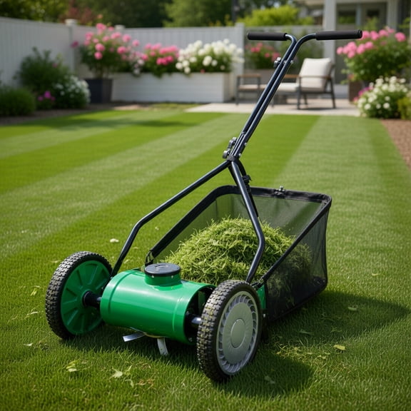Demi Bonn 14 Inch Manual Push Lawn Mower, Eco-Friendly Gas-Free Reel Mower with 5 Steel Blades & 7-Gallon Grass Catcher Bag, Green & Black