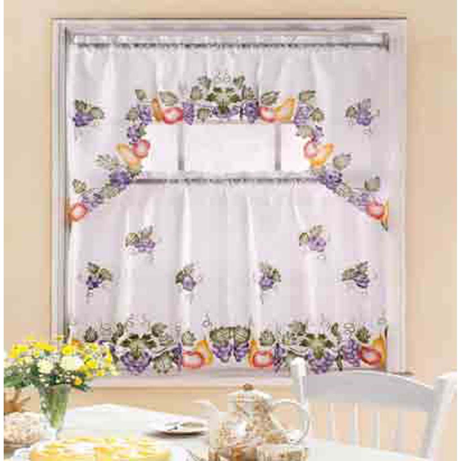 Kashi Home Grape Vine 3 Piece Printed Kitchen Curtain Swag Set