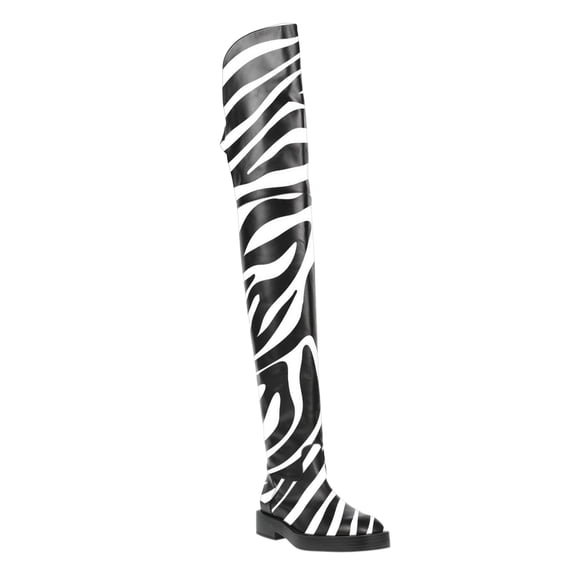 YDN Women Round Toe Thigh High Boots Low Chunky Platform Heels Buckle Strap Cutout Over the Knee Tall Boot Daily Fashion Dressy Shoes Size 7 Zebra