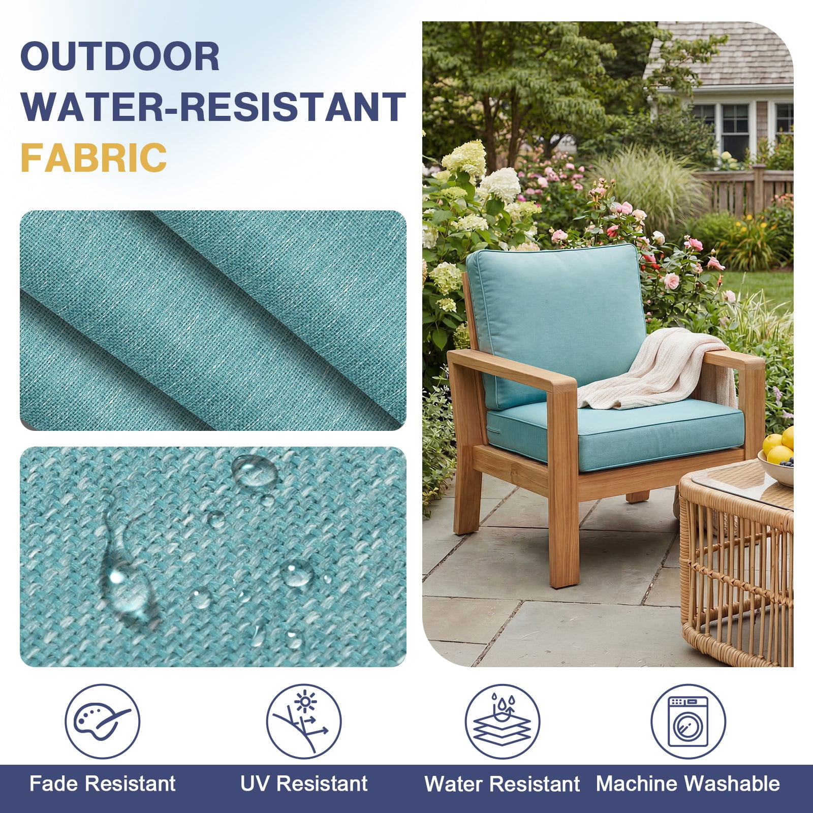 Aoodor 23 x 25 Inch Outdoor Seat Cushion, Water-Resistant & Fade Resistant Deep Seat and Back Cushion with Removable Cover for Patio Furniture Chair, Sofa and Couch, Caribbean Turquoise