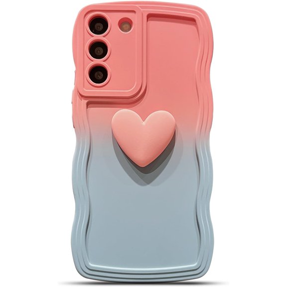 for Samsung Galaxy S22 Plus Case, Cute Kawaii 3D Love Heart Gradient Color Curly Wave Frame Camera Lens Cover Shockproof Soft Silicone S22 Plus Phone Case 6.6" for Women (Pink Blue)