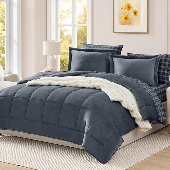 Plush Comforter Set Full Size Blue Grey, Flannel Velvet Comforter Sets 7 Pieces Bed in a Bag, Soft Warm Winter Bedding Set with Sheets, Pillowcases & Shams