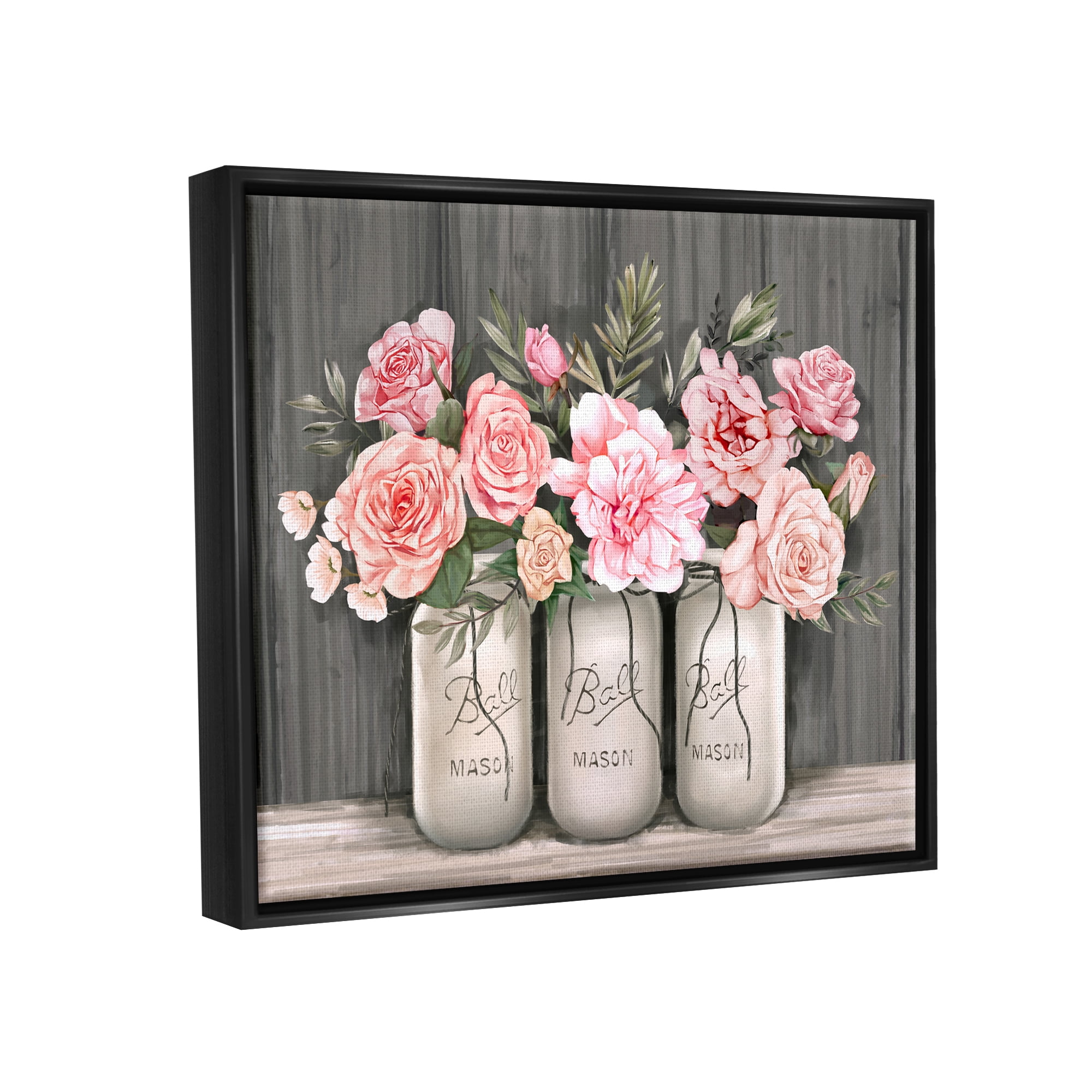 Stupell Industries Blossoming Pink Rose Bouquets Rustic Country Jars Jet Black Framed Floating Canvas Wall Art, 24x30, by Ziwei Li