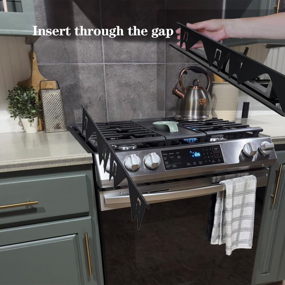 Retractable Black Stove Gap Covers (2 Pack) - Stainless Steel Gap Filler for Stove and Countertop, Heat Resistant Oven Side Guards, Adjustable Length 13.8" to 27.6", Easy to Clean