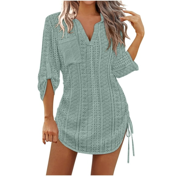 Bandage Mini Dress for Women, Long Sleeve Solid Color with Ribbed Texture and Side Ruching, Green Size L