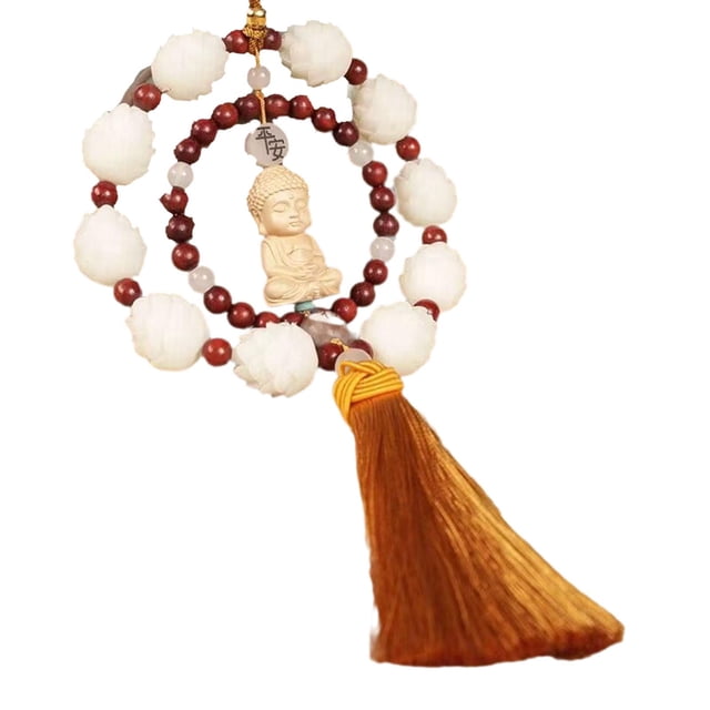 Colgante de Buda de madera para coche, decoración de 55 cm de largo para espejo retrovisor. Borlas Amarillas