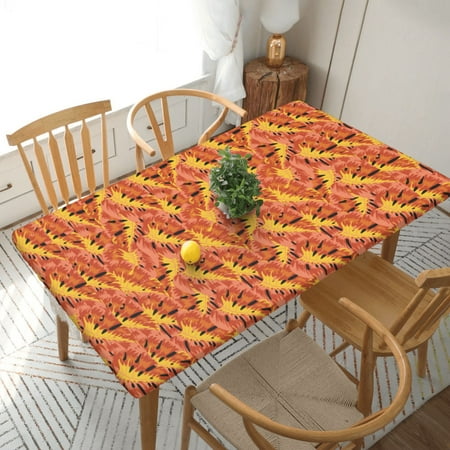 

Home Deluxe Tablecloth Orange Tropical Leaves Background Waterproof Elastic Rim Edged Table Cover- For Christmas Parties And Picnics 5ft