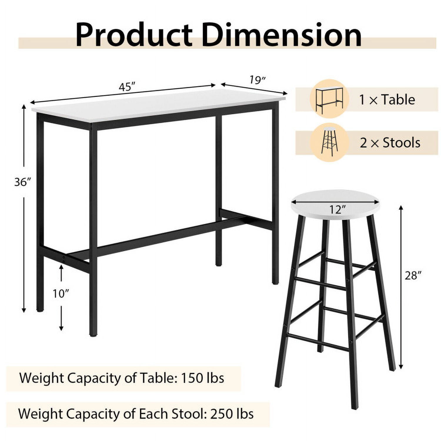 Finihen Dining Set, Dining Table Set, 3 Piece Pub Table and Stools Kitchen, for Home, Restaurant, Black & White Finihen Dining Set, Dining Table Set, 3 Piece Pub Table and Stools Kitchen, for Home, Restaurant, Black & White