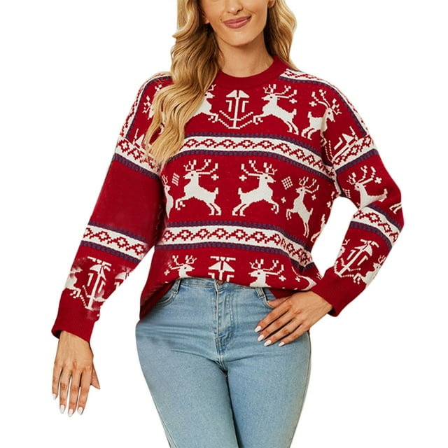Chandail de Noël pour Femmes Cardigan Chaud Imprimé Tricoté Décontracté Moelleux Mode Pull Mi-Longue Fermeture Col Rond Blouse