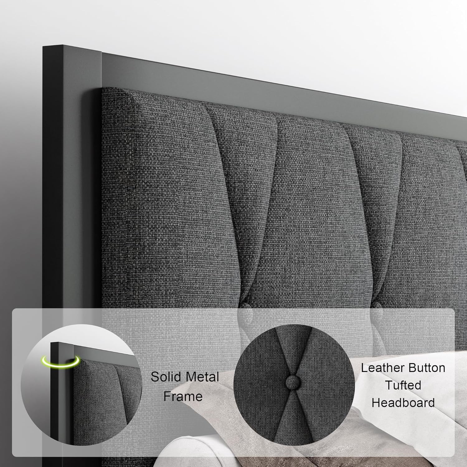 Feonase Queen Size Metal Bed Frame with Fabric Button Tufted Headboard,Heavy Duty Metal Slats, Noise Free, No Box Spring Needed, Dark Grey