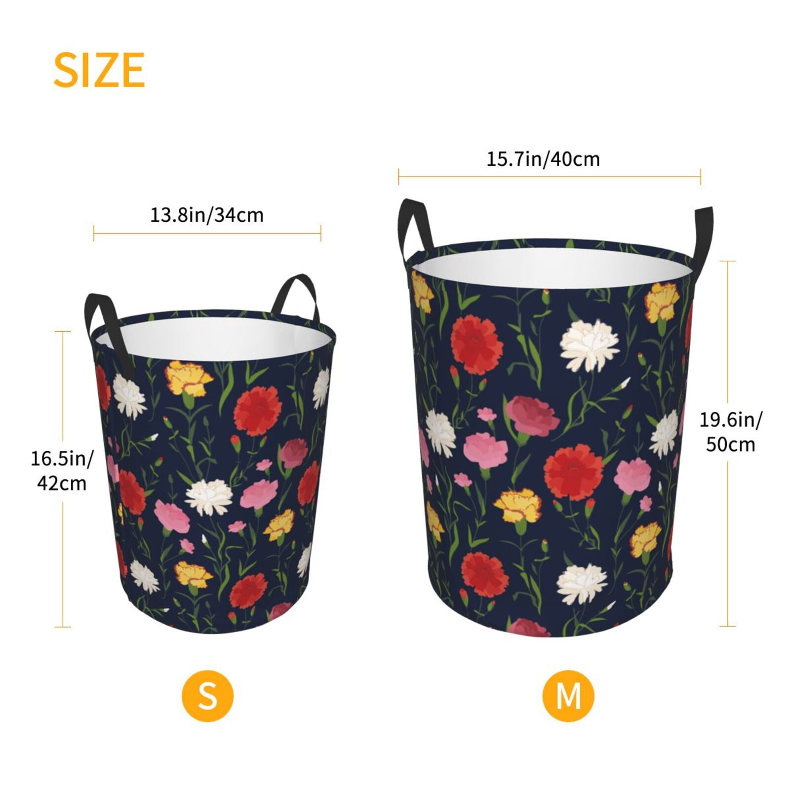 Large Laundry Basket with Handles - Yellow Pink Carnations Flowers Kids Baby Dirty Clothes Laundry Hamper for Bedroom Aesthetic