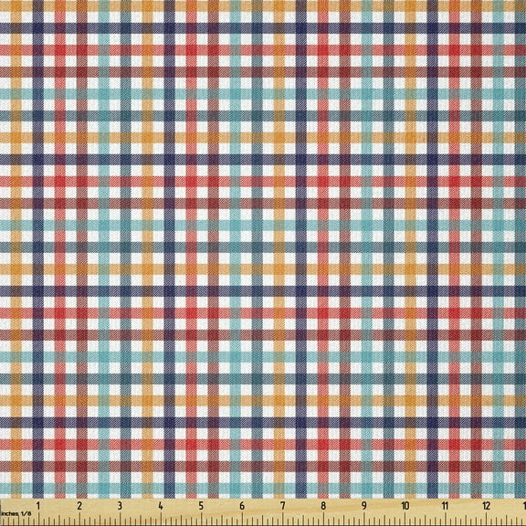 Checkered Fabric by The Yard, Colorful Fresh Summertime Pattern Design Gingham Plaid Striped Traditional Picnic, Stretch Knit Fabric for Clothing Sewing and Arts Crafts, 1 Yard, Multicolor, Ambesonne
