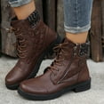 thumbnail image 2 of Rokment Vintage Combat Boots for Women Fall Winter Quilted Leather Chunky Low Heel Lace up Side Zipper Casual Short Riding Ankle Booties Brown Size 8.5, 2 of 6
