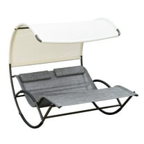 Double Rocking Bed Outdoor Chaise Lounge with Canopy - Light Gray - Two Person Rocking Daybed for Patio, Garden, Poolside - 528lbs Capacity