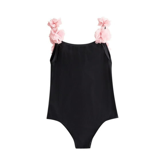 Girls Swimsuits One Piece 3D Floral Design Beach Bathing Suit Sleeveless Summer Fashion Toddler Swimwear Pool Black, 1 Years