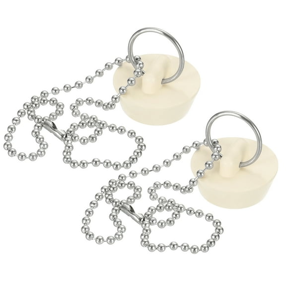 Uxcell Tub Drain Stopper, 2Pcs for 1-1/8" Rubber Bath Tub Drain Sink Stopper with Pull Ring Stainless Steel Beaded Chain for Kitchen Sink Bathroom Laundry, White