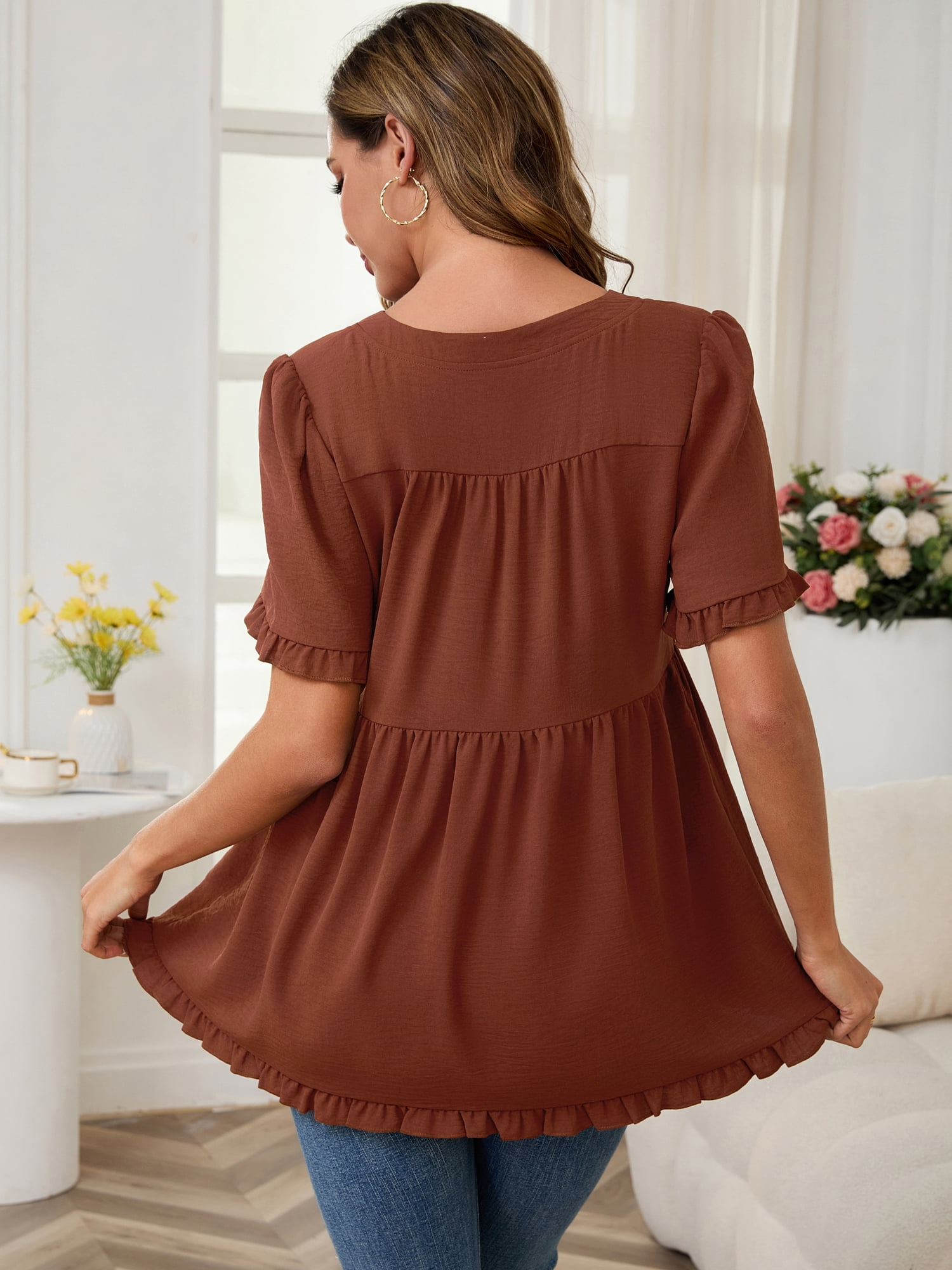DARING DIVA Women's Boho Ruffled V Neck Short Sleeve Maternity Tops L Brown