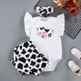 thumbnail image 4 of KYAIGUO 3PCS Baby Infant Girls Jumpsuit Crewneck Cow Print Romper Summer Ruffle Sleeveless Playsuit Shorts Set with Hairband for 3M-24M, 4 of 9