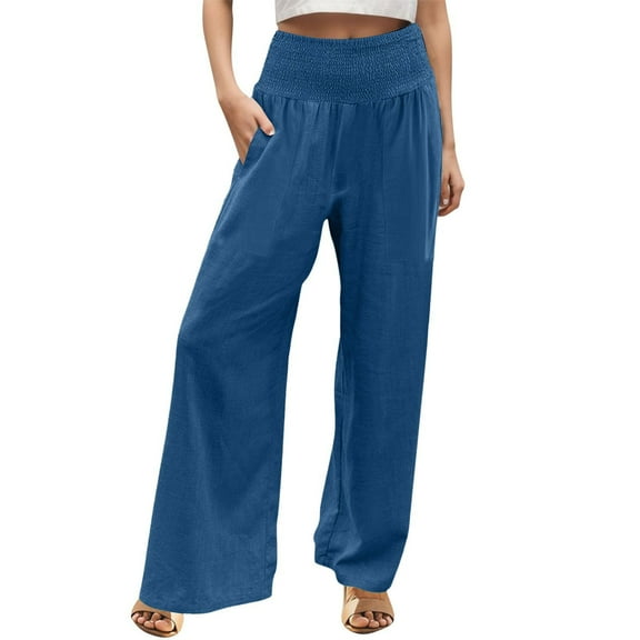 Lisingtool Casual Pants for Women With Pockets Linen Pants Women Summer Wide Leg Pants Drawstring Elastic Waist Pants High Waisted Pants Casual Beach Trousers Blue