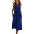 thumbnail image 2 of Women Summer Maxi Dress Solid Color Sleeveless V Neck Button Pleated Elegant Flowy Sundress with Pockets Casual Beach Vacation Dresses, 2 of 8