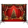 thumbnail image 3 of 7 x 5 ft Christmas Backdrop Red Gold Stage Curtain Christmas Tree Floral Gift for Xmas Holiday Party Decorations Glitter Stars Balls Family Kids Santa Claus Party Photo Booth Studios Props, 3 of 5