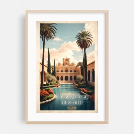 Royal Alcazar Vintage Travel Poster - Spanish Heritage Art - Seville Andalusia Spain Illustration Travel Poster Architecture Vintage Tropical Palm Tree Art Deco Oak Framed Wall Art Print 5 x 7 inches