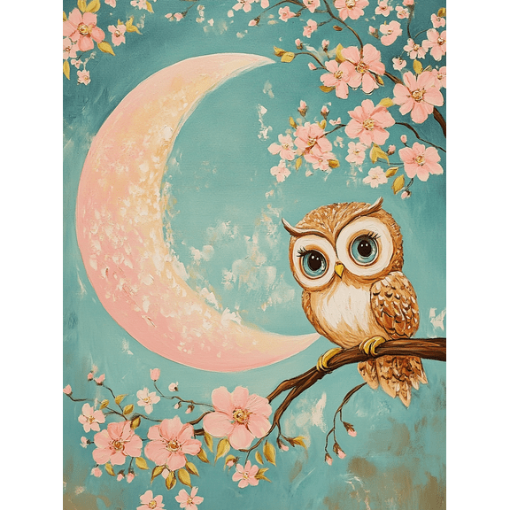 Cute Owl and Pink Moon Canvas Painting， Perfect for Bedroom， Living Room， Bathroom， Nursery， and Office Decor
