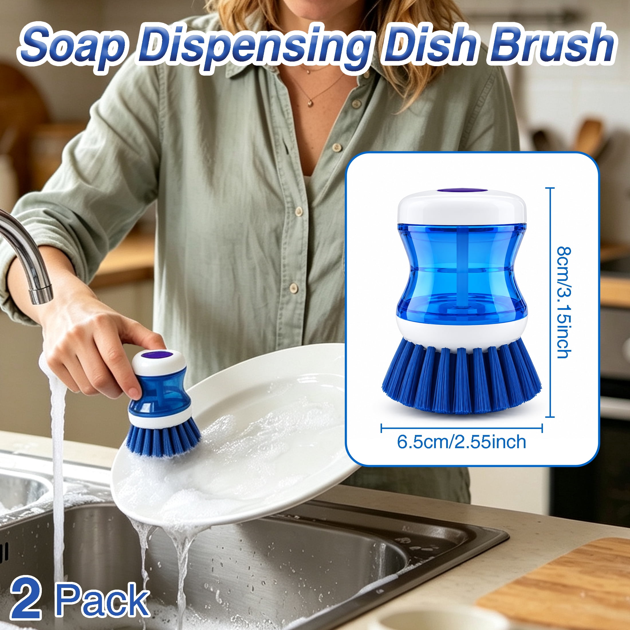 GARITIN 2 Pcs Soap Dispensing Dish Brush, Press‑Type Handheld Kitchen Scrub Brush with Stiff Bristles for Pot Pan Sink Dishwashing Cleaning