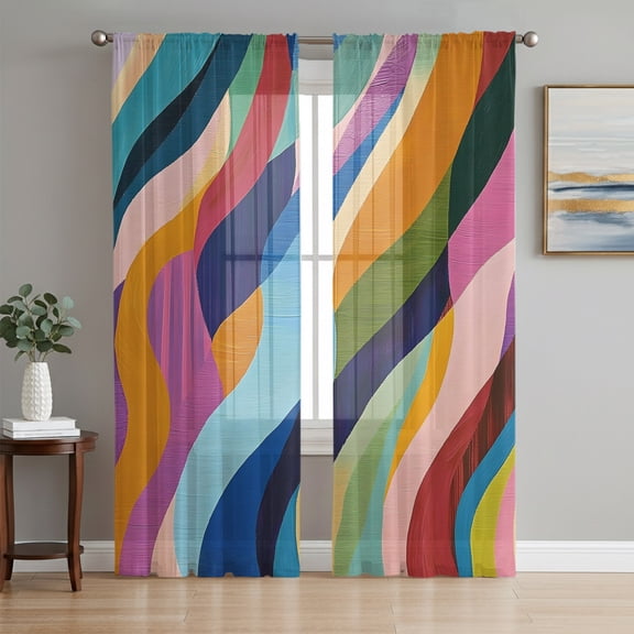 Colorful Striped Sheer Curtains 84 Inch Length 2 Panels Set, Modern Abstract Boho Waves Geometric Voile Window Treatment Rod Pocket Curtains Sheers Drapes for Bedroom/Living Room/Kitchen 52"x84"x2