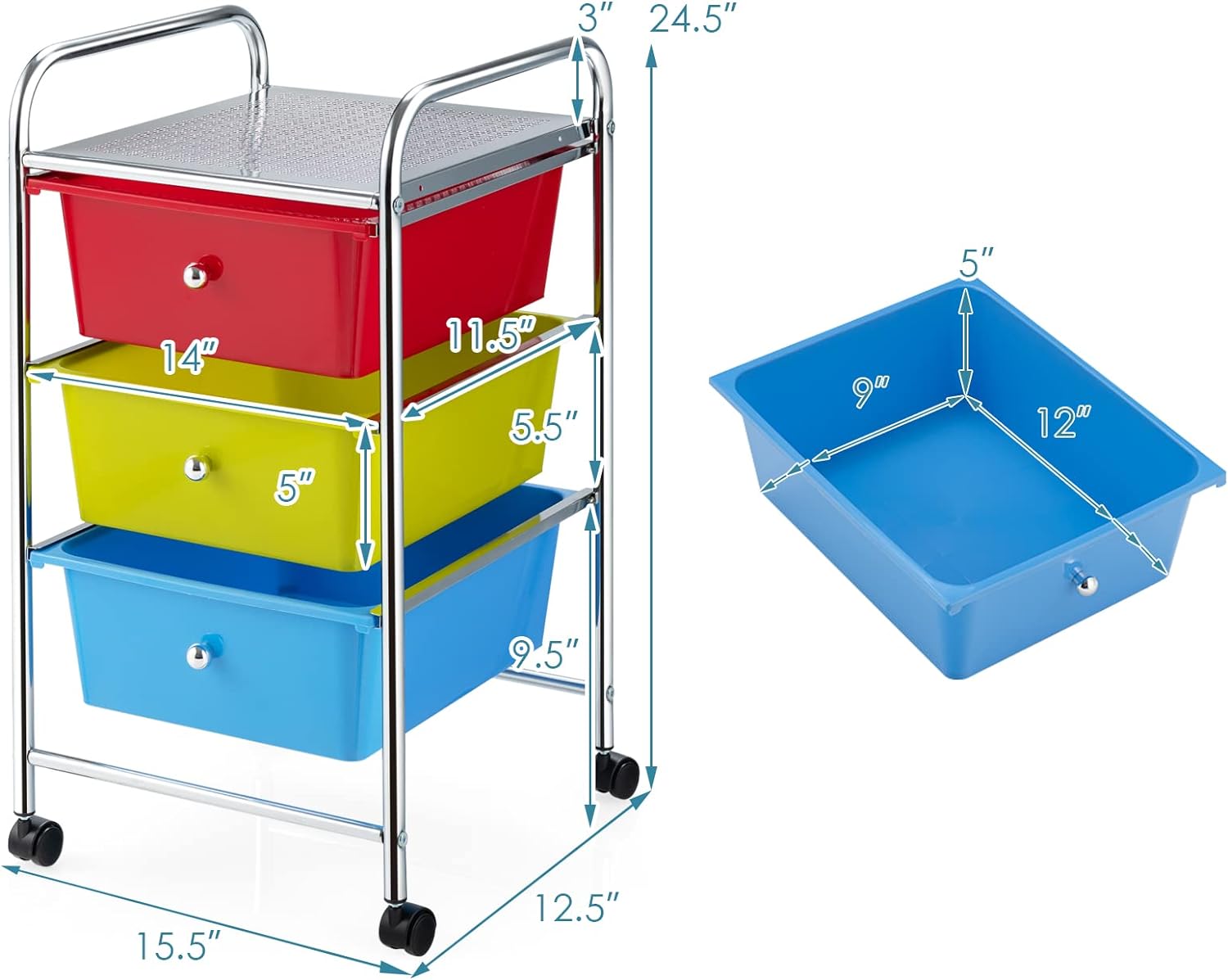 Rolling Cart Storage Bin 3 Drawes Plastic Drawers With Multicolor