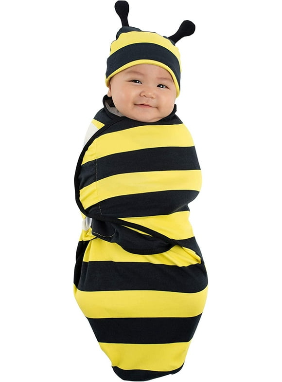 Cuddle Club Baby Wrap Swaddle Blanket Sleep Sack with Novelty Beanie Hat, Bee Small