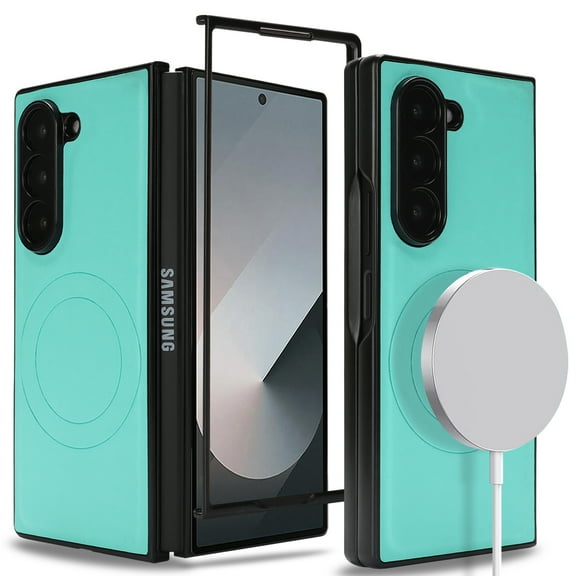 Case for Samsung Galaxy Z Fold 6, Strong Magnetic Compatible with Mag-Safe Charging, PU Leather Hard PC Flexible TPU Shell Slim Full Shockproof Protective Phone Cover for Galaxy Z Fold 6, Mint