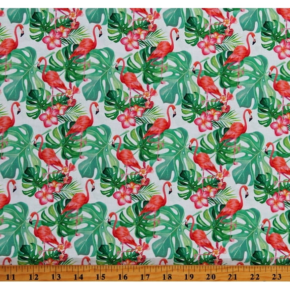Cotton Flamingos Tropical Animals 2024 Birds Flamingo White Cotton Fabric Print by the Yard (133825)